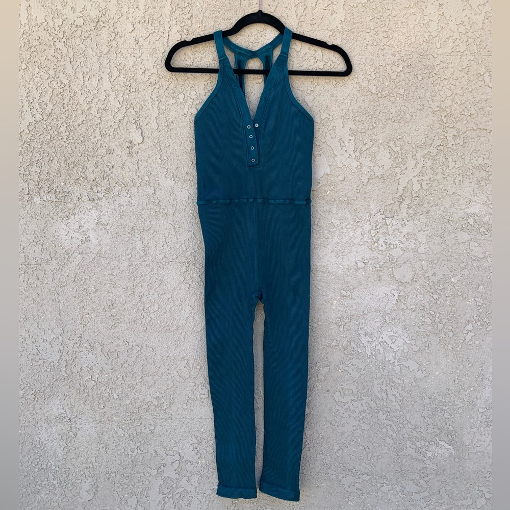 NWOT Free People FP Movement Happiness Runs Ribbed Henly Teal Jumpsuit Onezie